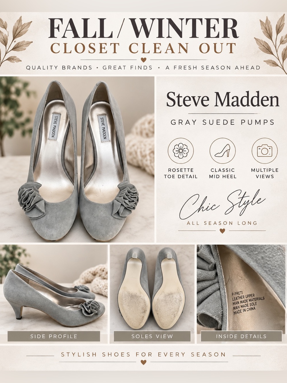Steve Madden Gray Suede Rosette Mid-Heel Pumps